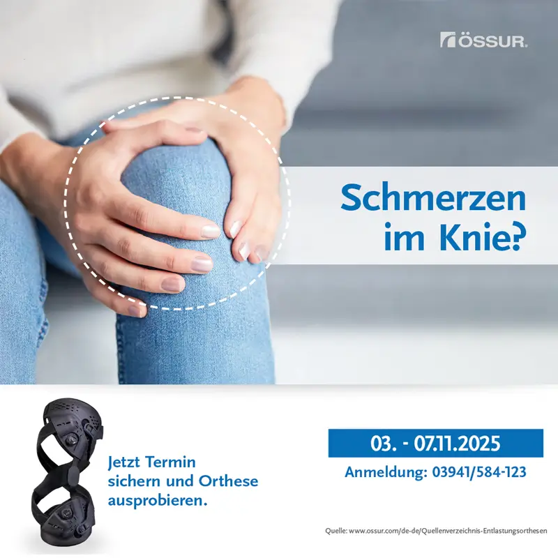Schmerzen im Knie? Jetzt Termin sichern und Orthese ausprobieren. Testwoche: 03.-07.11.2025, Weitere Infos und Link im Text